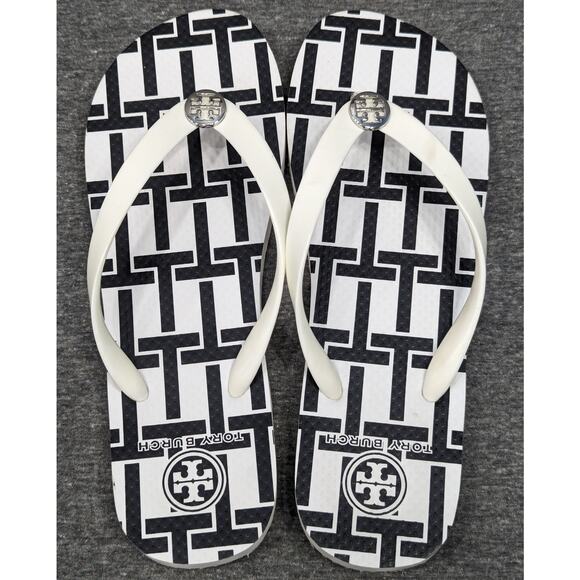 TORY BURCH Womens Sandals - Black/White, T Pattern, Foam Flip Flops - Picture 1 of 5